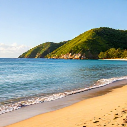 Caribbean Holidays, Puerto Rico Adventures, A bright February morning on a Puerto Rico beach with calm turquoise water, golden sand and lush green hills in the background
