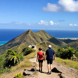 Caribbean Holidays, Puerto Rico Adventures, A couple hiking on a scenic Puerto Rican mountain trail overlooking the Caribbean Sea, tropical hills and a bright blue sky