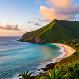 Caribbean Holidays, Puerto Rico Adventures, A dramatic Puerto Rican coastline at sunrise in December, with turquoise water, green hills and a small sea kayak near the shore