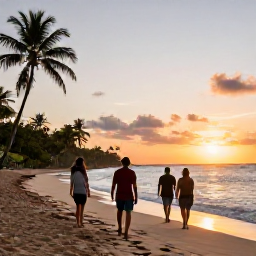 Caribbean Holidays, Puerto Rico Adventures, A relaxed but active group of travellers enjoying a Puerto Rican beach at sunset after a day of outdoor adventures