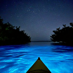 Caribbean Holidays, Puerto Rico Adventures, A sea kayak gliding across calm bioluminescent water at night in Puerto Rico, with mangroves silhouetted against a starry sky