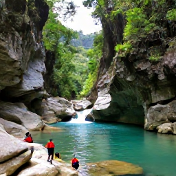 Caribbean Holidays, Puerto Rico Adventures, A small group canyoning through a rocky Puerto Rican river, with bright tropical scenery, clear pools and dramatic cliffs