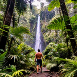 Caribbean Holidays, Puerto Rico Adventures, Adventurous travellers hiking through El Yunque National Forest, surrounded by tropical rainforest, palms, ferns and a small waterfall
