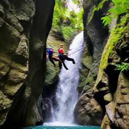 Caribbean Holidays, Puerto Rico Adventures, Canyoneering group climbing through a dramatic Puerto Rican river canyon with waterfalls and tropical vegetation