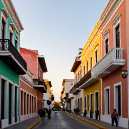Caribbean Holidays, Puerto Rico Adventures, Colourful colonial streets in Old San Juan at golden hour, with pastel buildings, balconies and travellers exploring on foot