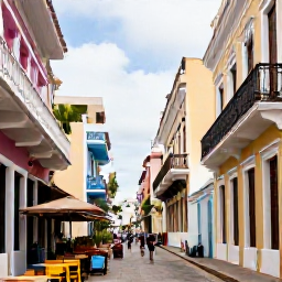 Caribbean Holidays, Puerto Rico Adventures, Colourful Old San Juan street with restored colonial buildings, balconies, local caf&eacute;s and visitors exploring on foot