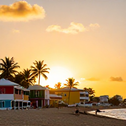 Caribbean Holidays, Puerto Rico Adventures, Golden sunset over a Puerto Rican beach beside colourful buildings and palm trees in a lively coastal town