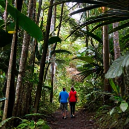 Caribbean Holidays, Puerto Rico Adventures, Hikers walking beneath tall tropical trees on a rainforest trail in El Yunque National Forest, Puerto Rico