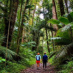 Caribbean Holidays, Puerto Rico Adventures, Hikers walking through lush rainforest beneath towering trees in El Yunque National Forest, Puerto Rico