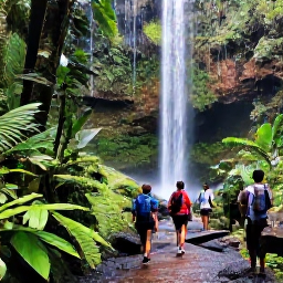 Caribbean Holidays, Puerto Rico Adventures, Hikers walking through the tropical forest of El Yunque National Forest in Puerto Rico, with waterfalls and lush foliage