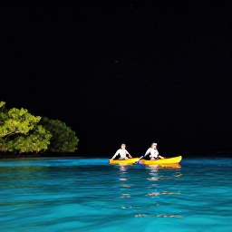 Caribbean Holidays, Puerto Rico Adventures, Kayakers paddling across calm bioluminescent waters in Puerto Rico at night, with mangrove silhouettes and a star-filled sky