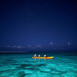 Caribbean Holidays, Puerto Rico Adventures, Kayakers paddling through the glowing blue-green waters of a Puerto Rico bioluminescent bay beneath a star-filled evening sky