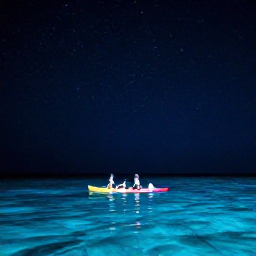 Caribbean Holidays, Puerto Rico Adventures, Kayakers paddling through the glowing waters of a Puerto Rico bioluminescent bay under a starry night sky