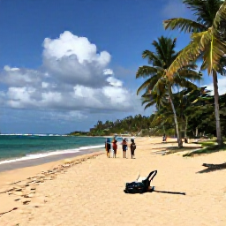 Caribbean Holidays, Puerto Rico Adventures, Relaxed beach scene in Puerto Rico with golden sand, palm trees and adventurous travellers returning from a day outdoors