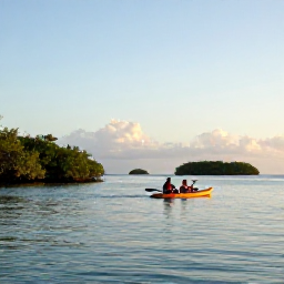 Caribbean Holidays, Puerto Rico Adventures, Sea kayakers paddling across calm turquoise water near Puerto Rico, with mangroves, small islands and a golden afternoon sky
