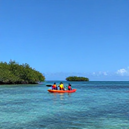 Caribbean Holidays, Puerto Rico Adventures, Sea kayakers paddling through calm turquoise water near Puerto Rico, with mangroves, small islands and a warm blue sky