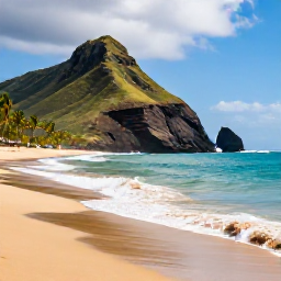 Caribbean Holidays, Puerto Rico Adventures, Surfers riding gentle waves at a scenic Puerto Rico beach, with palm trees, golden sand and dramatic coastal hills