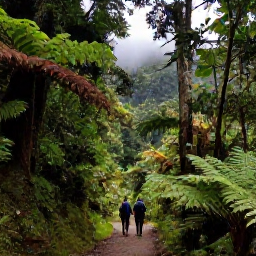 Caribbean Holidays, Puerto Rico Adventures, Travellers hiking along a scenic trail in El Yunque National Forest, Puerto Rico, surrounded by tropical trees, ferns, streams and misty mountain scenery