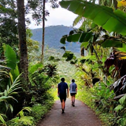 Caribbean Holidays, Puerto Rico Adventures, Travellers hiking along a shaded trail in El Yunque National Forest with tropical foliage and mountain views