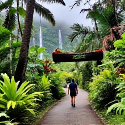 Caribbean Holidays, Puerto Rico Adventures, Travellers hiking along a shaded trail in El Yunque National Forest, with tropical plants, waterfalls and misty green hills