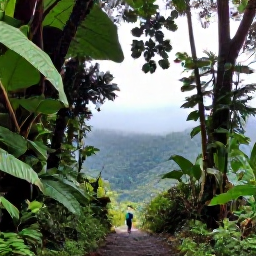 Caribbean Holidays, Puerto Rico Adventures, Travellers hiking beneath tall tropical trees in El Yunque National Forest, with misty green mountains and a clear trail