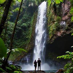 Caribbean Holidays, Puerto Rico Adventures, Travellers hiking through El Yunque National Forest beside a waterfall and lush tropical foliage
