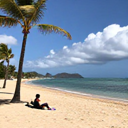 Caribbean Holidays, Puerto Rico Adventures, Travellers relaxing at a Puerto Rican beach after an active day, with palm trees, golden sand, calm turquoise water and mountains in the distance