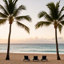 Caribbean Holidays, Puerto Rico Adventures, Travellers relaxing on a quiet Puerto Rico beach after an active day, with palm trees, warm evening light and calm Caribbean Sea