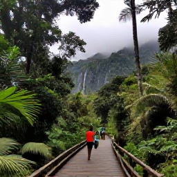Caribbean Holidays, Puerto Rico Adventures, Visitors hiking through El Yunque National Forest in May, surrounded by tropical foliage, waterfalls, misty mountains and wooden forest trails