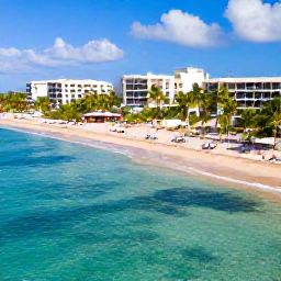 Caribbean Holidays, Puerto Rico All Inclusive, Aerial view of a beautiful Puerto Rican beach resort with turquoise water, palm trees and sun loungers