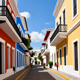 Caribbean Holidays, Puerto Rico All Inclusive, Colourful historic street in Old San Juan, Puerto Rico, with Spanish colonial buildings and relaxed visitors