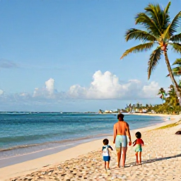 Caribbean Holidays, Puerto Rico All Inclusive, Families and couples enjoying a sandy Puerto Rico beach with calm blue water and palm trees