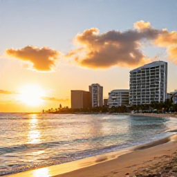 Caribbean Holidays, Puerto Rico All Inclusive, Golden sunset over a Puerto Rico all-inclusive resort beside a calm Caribbean beach