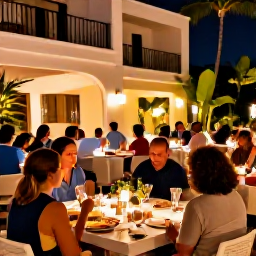 Caribbean Holidays, Puerto Rico All Inclusive, Outdoor evening dining at a Puerto Rican resort with warm lights, tropical plants and guests enjoying dinner
