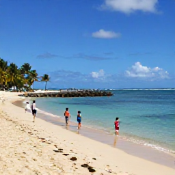 Caribbean Holidays, Puerto Rico April, A sunny family beach in Puerto Rico with calm turquoise water, soft sand, palm trees and children playing safely by the shore