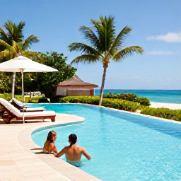 Caribbean Holidays, Puerto Rico April, Couple relaxing beside an infinity pool at an adults-only Puerto Rico resort with tropical gardens