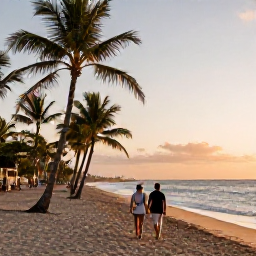 Caribbean Holidays, Puerto Rico April, Couple walking along a palm-fringed Puerto Rican beach at sunset in April