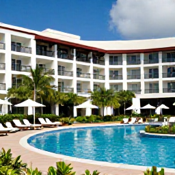 Caribbean Holidays, Puerto Rico April, Elegant all-inclusive hotel in Puerto Rico with a swimming pool, sun loungers, tropical gardens and blue skies