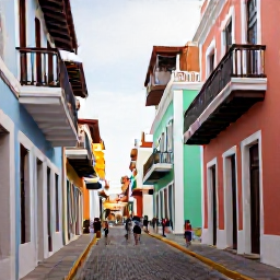 Caribbean Holidays, Puerto Rico April, Families exploring the colourful streets of Old San Juan, Puerto Rico, with pastel buildings, balconies, cobbled lanes and historic forts