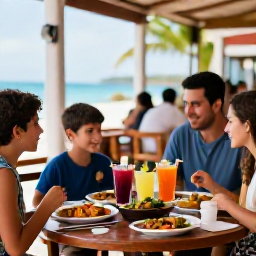 Caribbean Holidays, Puerto Rico April, Family enjoying a Puerto Rican meal at a relaxed outdoor restaurant, with colourful local dishes, tropical drinks and a welcoming island atmosphere
