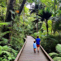 Caribbean Holidays, Puerto Rico April, Family rainforest adventure in El Yunque National Forest, Puerto Rico, with a wooden trail, lush tropical trees, a waterfall and children looking at nature