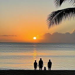 Caribbean Holidays, Puerto Rico April, Family watching a golden sunset from a Puerto Rico beach, with calm sea, palm silhouettes and warm evening light