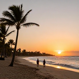 Caribbean Holidays, Puerto Rico April, Golden sandy beach in Puerto Rico at sunset with palm trees, gentle waves and a couple walking beside the sea
