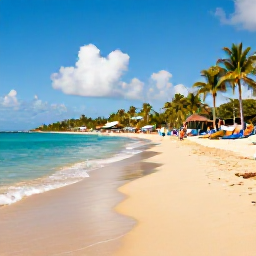 Caribbean Holidays, Puerto Rico April Holidays, Golden sandy beach in Puerto Rico with clear turquoise water, palm trees, sun loungers and visitors enjoying a calm April afternoon