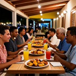 Caribbean Holidays, Puerto Rico April Holidays, Outdoor Puerto Rican restaurant in the evening, serving mofongo, seafood and tropical drinks, with friendly diners and warm island lighting