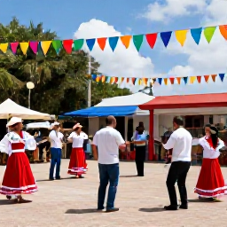 Caribbean Holidays, Puerto Rico April Holidays, Traditional Puerto Rican cultural celebration with musicians, dancers and families in a sunny town square, colourful decorations and local food stalls