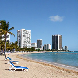 Caribbean Holidays, Puerto Rico April, Palm-lined Condado beach in San Juan with calm turquoise water, sun loungers and a modern city skyline