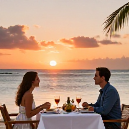 Caribbean Holidays, Puerto Rico April, Puerto Rican all-inclusive holiday scene with a couple enjoying a beachside dinner, tropical sunset and relaxed resort atmosphere