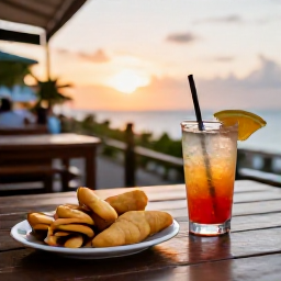 Caribbean Holidays, Puerto Rico April, Puerto Rican street food and colourful cocktails served at an outdoor restaurant in San Juan at sunset