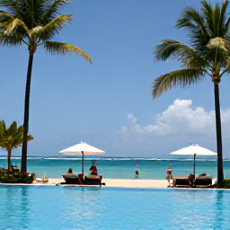 Caribbean Holidays, Puerto Rico April, Sunny Puerto Rican beach resort in April with palm trees, calm turquoise water and travellers relaxing beside a pool